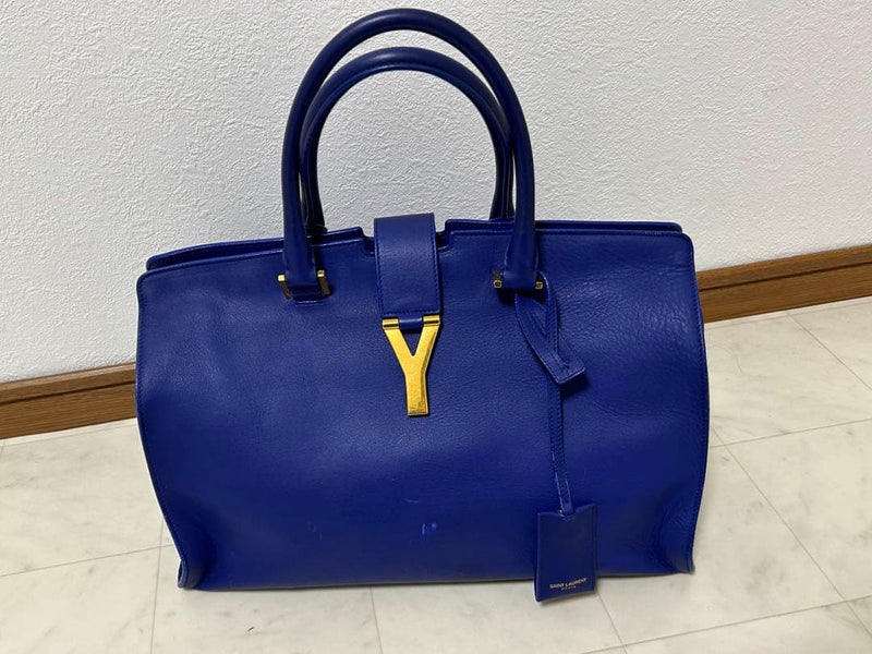 Saint Laurent Y Line Petit Cabas Handbag Cowhide Leather Blue