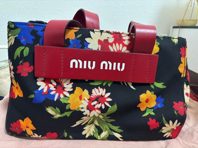 Miu Miu Floral Tote Bag Black Red Canvas Handbag