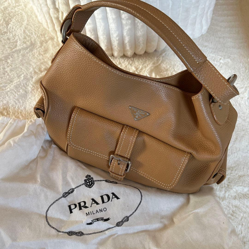 Prada Handbag Camel Leather With Flap Pockets Tote Shoulder Bag