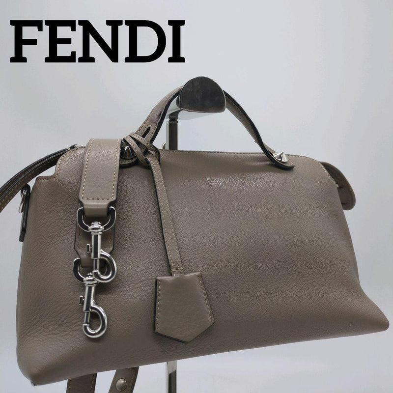 Fendi By The Way Handbag Shoulder Bag Leather Gray Greige Silver Hardware