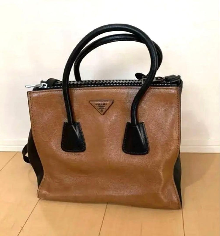 Prada Grace Calf Leather 2-way Handbag Shoulder Crossbody Brown Black