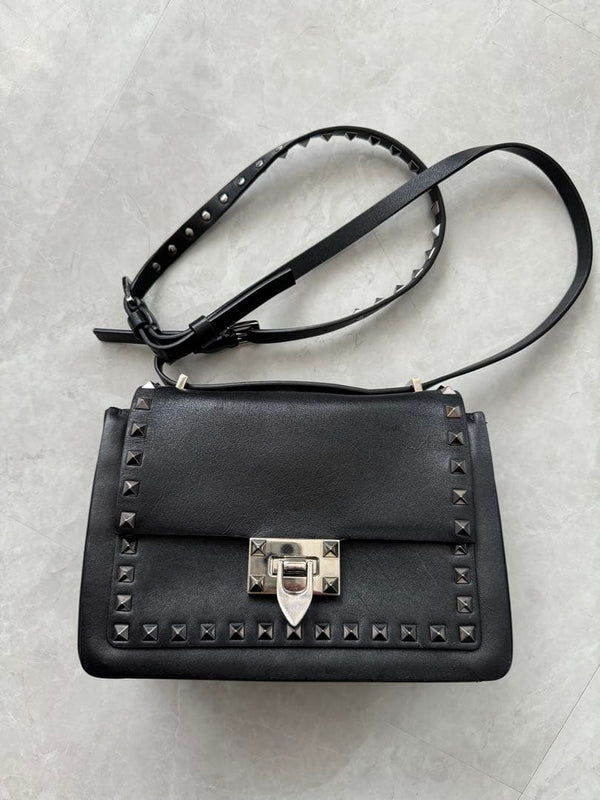 Valentino Shoulder Bag Handbag Cowhide Black Leather