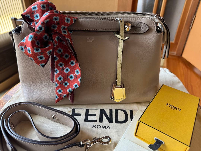 Fendi By The Way Shoulder Bag Greige Leather Scarf Strap 2 Way Handbag