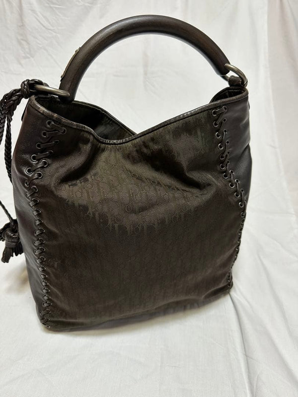Christian Dior Shoulder Bag Dark Brown Leather Wood Handle Heart Tassel