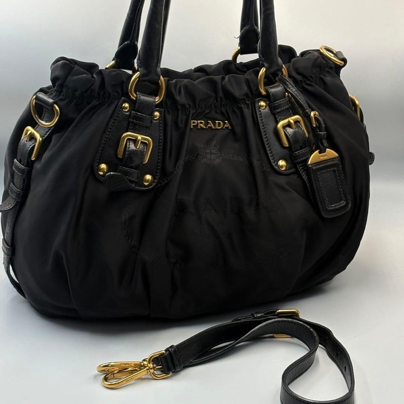 Prada Nylon Gathered 2-Way Handbag Shoulder Bag Black Gold Hardware
