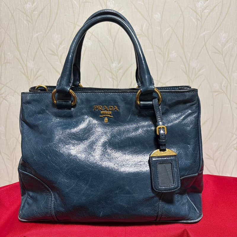 Prada Vitello Shine BN2323 2way Shoulder Handbag Leather Navy Gold Hardware