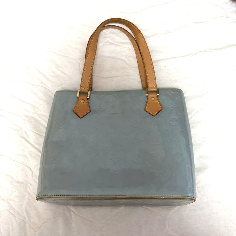 Vernis Handbag Patent Leather Blue Embossed Logo Brown Handle