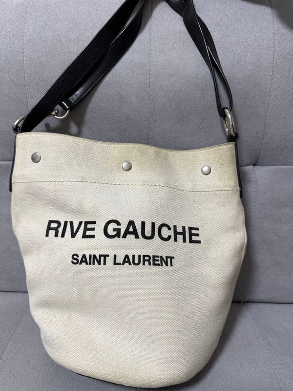 Saint Laurent Rive Gauche Handbag Shoulder Bag Canvas Beige Black Strap