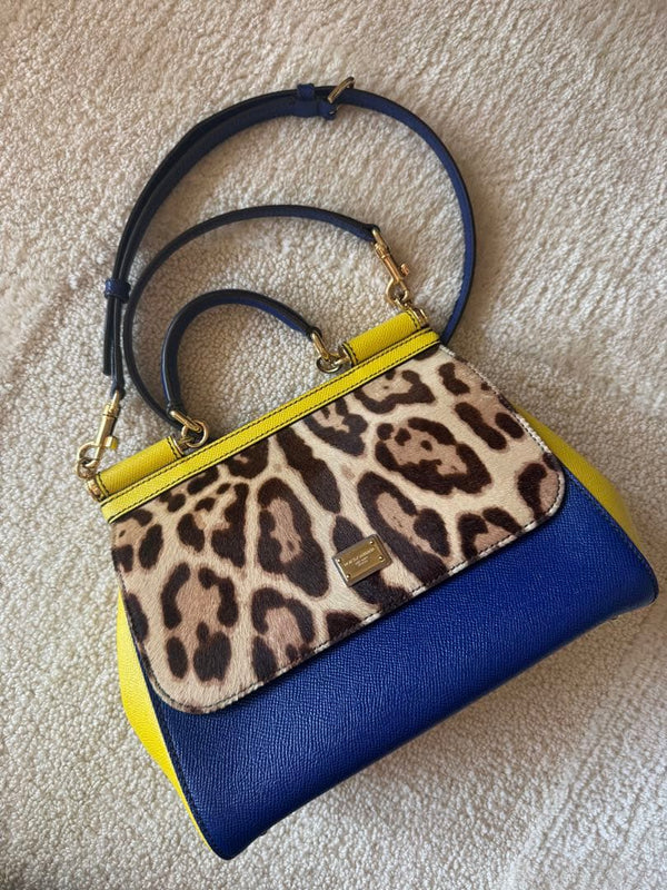 Dolcegabbana Sicily Handbag Synthetic Leather Leopard Yellow Blue Shoulder Bag