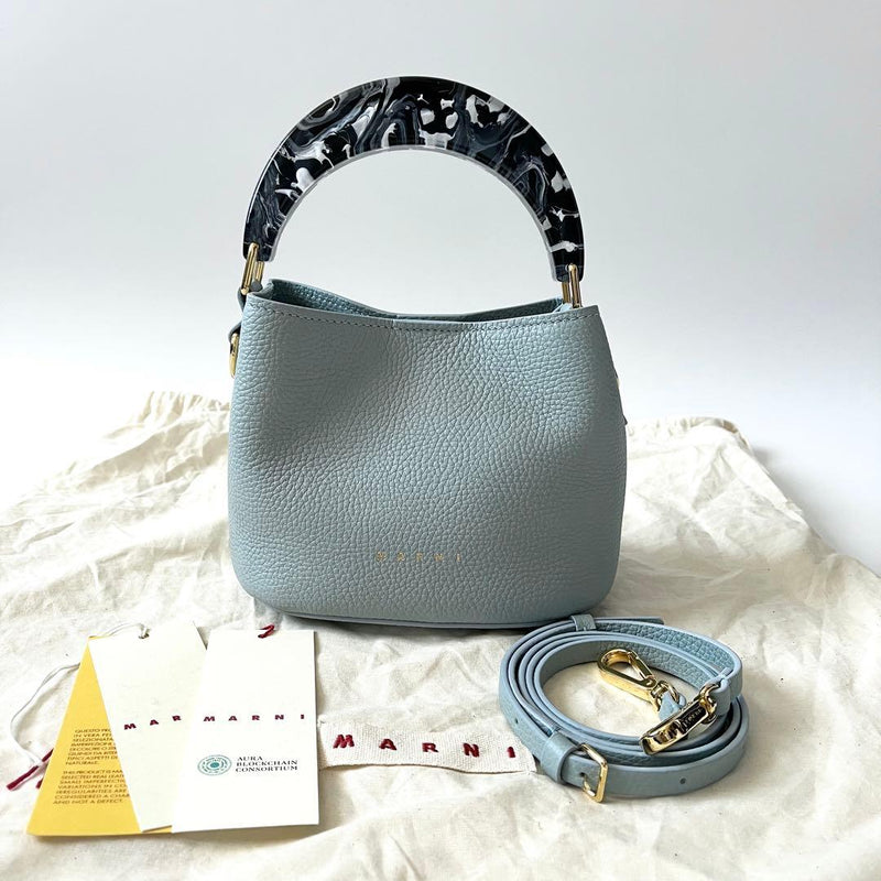 Marni Venice Mini 2 Way Bucket Bag Leather Light Blue Handbag
