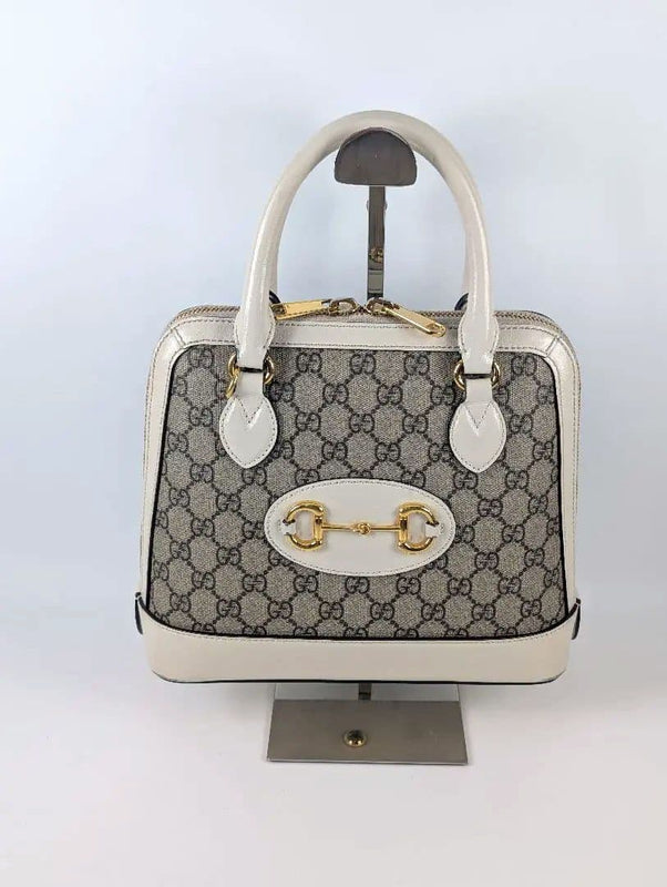 Gucci Gg Pattern Horsebit Handbag Gray White Canvas Leather Tote