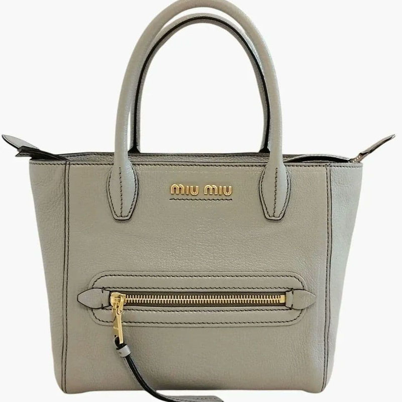 Miu Miu Madras Handbag Shoulder Bag Leather Canvas Light Gray Blue