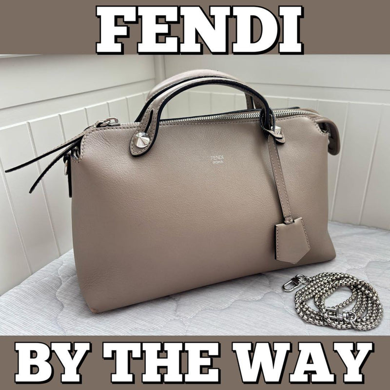 Fendi By The Way Handbag Shoulder Clutch Bag Greige Leather Silver Hardware