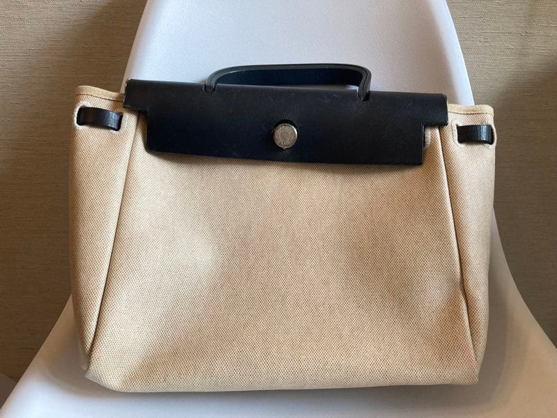 Hermes Herbag Handbag Canvas Leather Beige Flap Closure Metal Button
