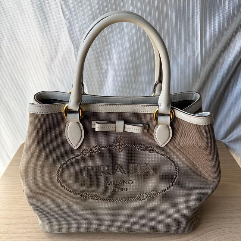 Prada Logo Jacquard 1BA172 Handbag Shoulder Bag Canvas Leather Beige White