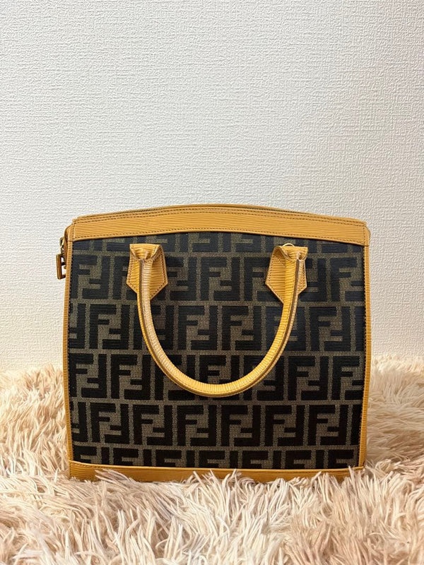 Fendi Zucchino Handbag Nylon Canvas Leather Brown Shoulder Bag