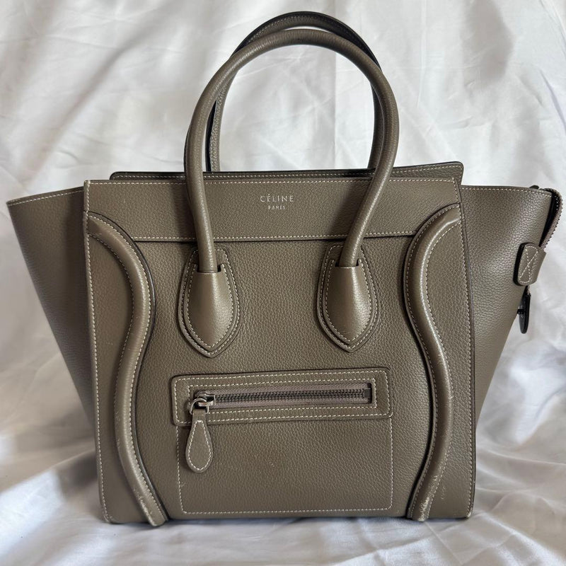 Celine Luggage Micro Handbag Drummed Calfskin Souris Greige White Stitching