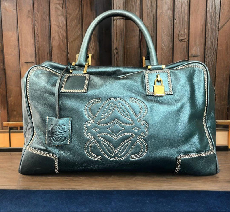 Loewe Amazona Handbag Boston Bag Leather Blue-green Metallic