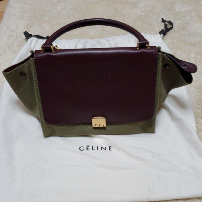 Celine Trapeze Handbag Shoulder Bag Brown Leather Khaki Canvas