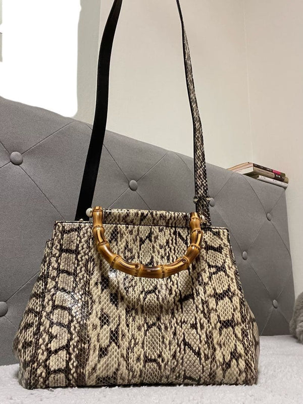 Gucci Bamboo Watersnake Tote Shoulder Bag Beige Brown Leather