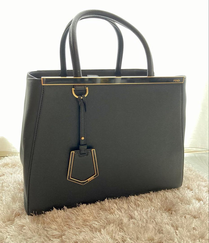 Fendi Deux Jours Handbag Shoulder Bag Black Leather Gold Hardware