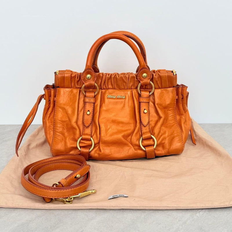 Miu Miu Vitello Lux Ribbon 2 Way Handbag Shoulder Bag Leather Orange