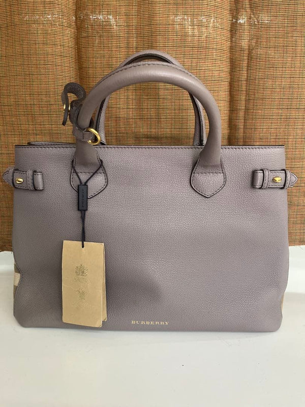 Burberry Handbag Tote Shoulder Bag Gray Checkered Leather
