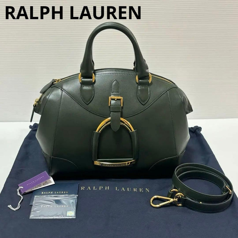 Ralph Lauren Satchel Shoulder Handbag Cowhide Leather Green Made In Italy