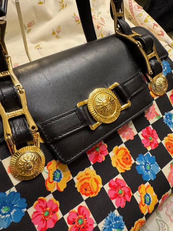 Versace Flap Handbag Shoulder Bag Synthetic Leather Black Floral Check Gold