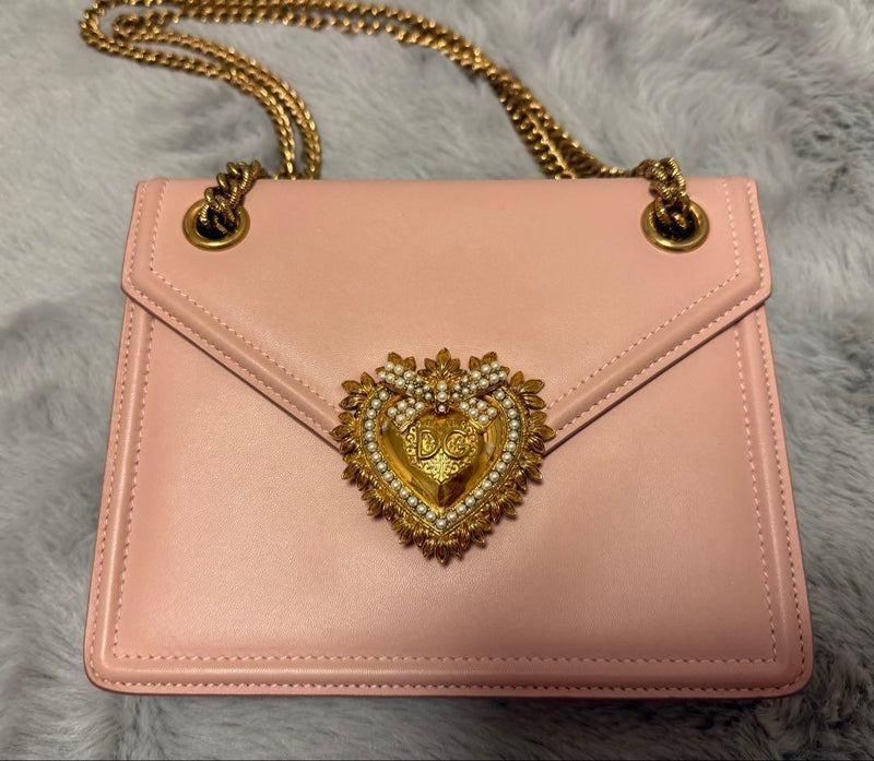 Dolce Gabbana Heart Chain Bag Pink Leather Gold Hardware 2-Way Handbag Shoulder