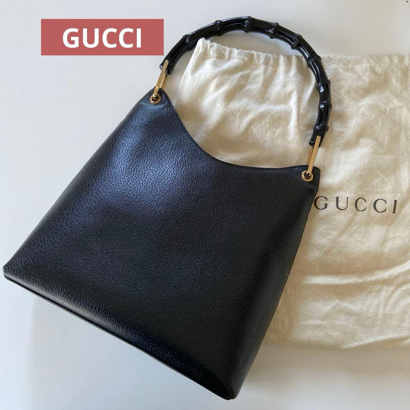 Gucci Bamboo Handbag Tote Bag Leather Black Gold Hardware