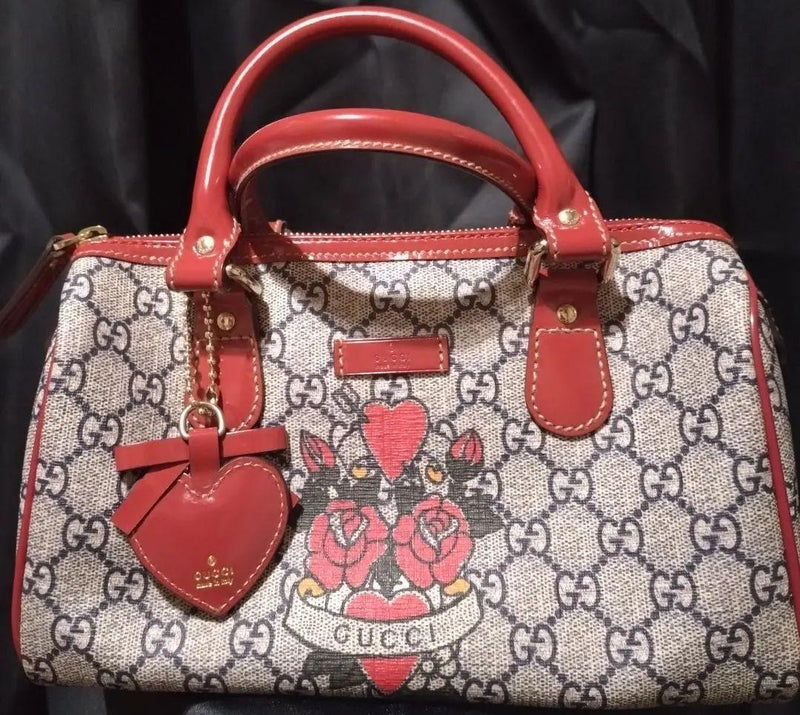 Gucci Tattoo Heart Mini Boston Bag Red Canvas Leather Champagne Gold Hardware