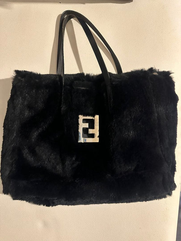 Black Rabbit Fur Handbag Shoulder Bag Leather