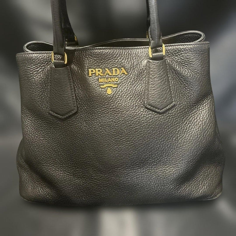 Prada Tote Handbag Black Leather Gold Logo