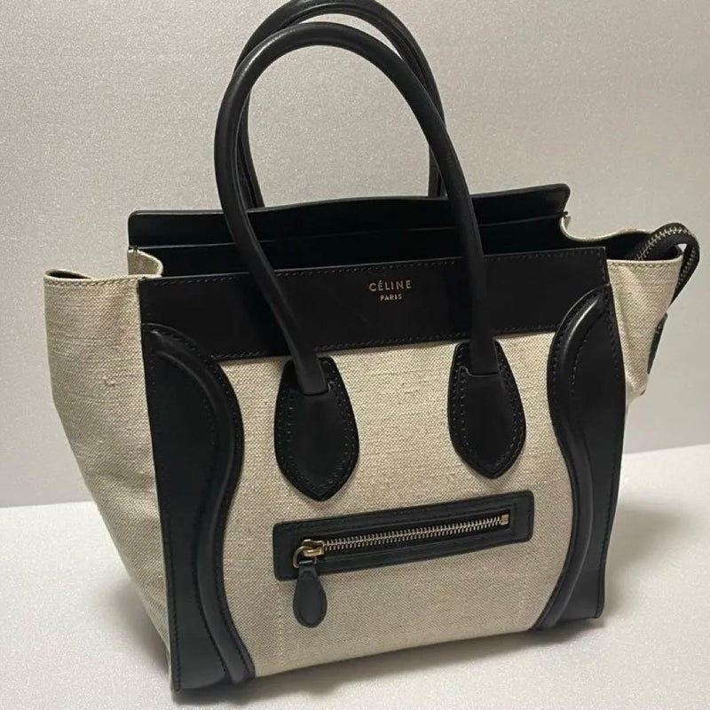 Celine Luggage Micro Handbag Faux Leather Canvas Black White Tote Bag