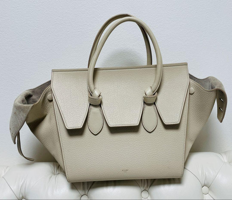 Celine Tie Bag Tote Handbag Leather Beige Suede Details