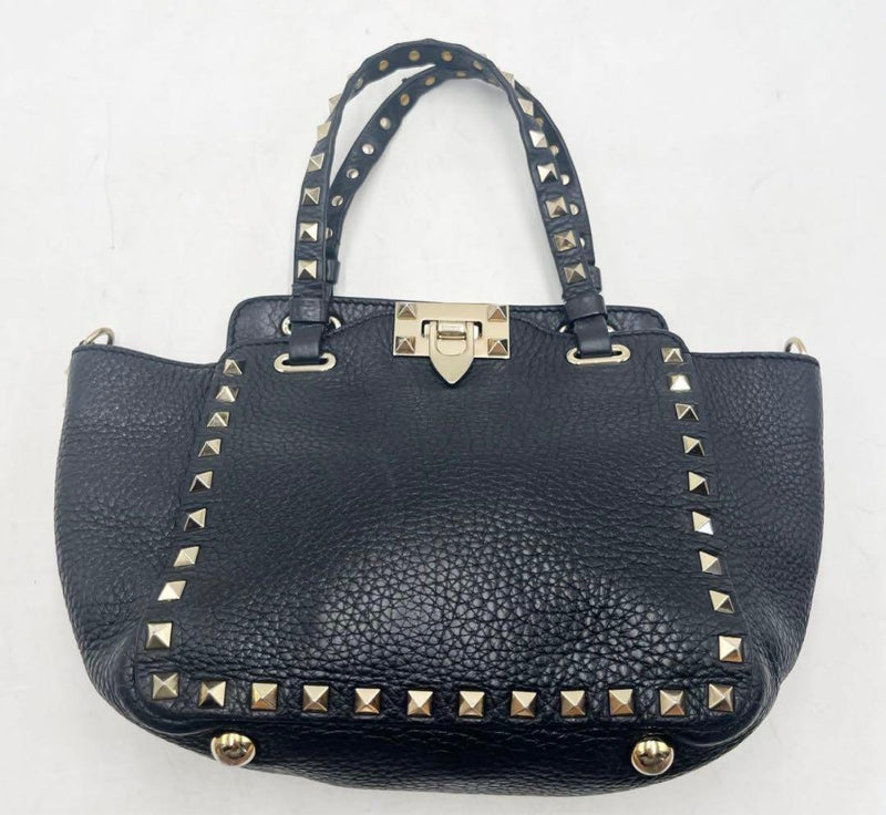 Valentino Studded Leather Handbag Shoulder Bag Black Detachable Strap