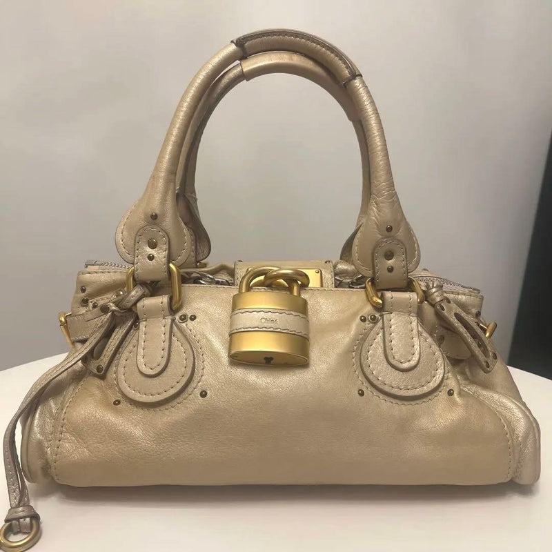 Chloe Handbag Shoulder Bag Leather Beige Gold Hardware Studs Double Zipper Lock