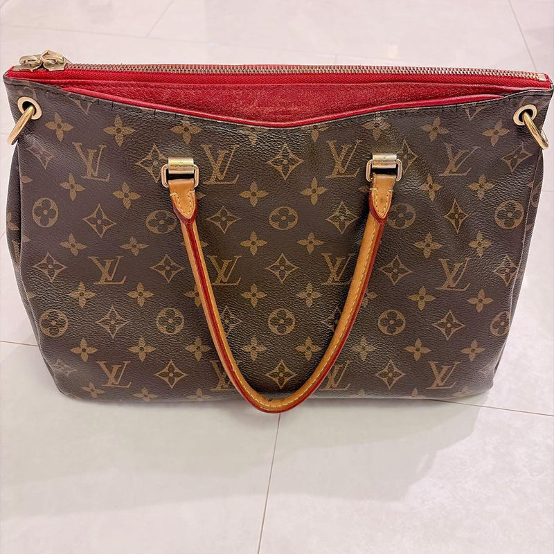 Louis Vuitton Pallas Monogram Tote Bag Dark Brown Red Leather Zipper Closure