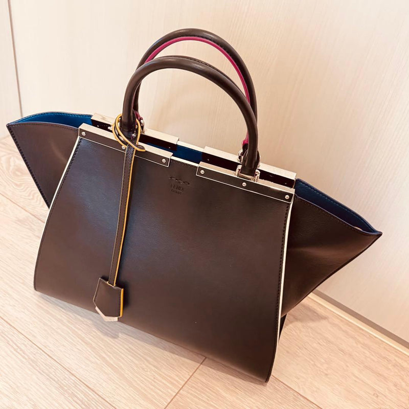Fendi Trois Jours Handbag Leather Black Blue Silver Hardware