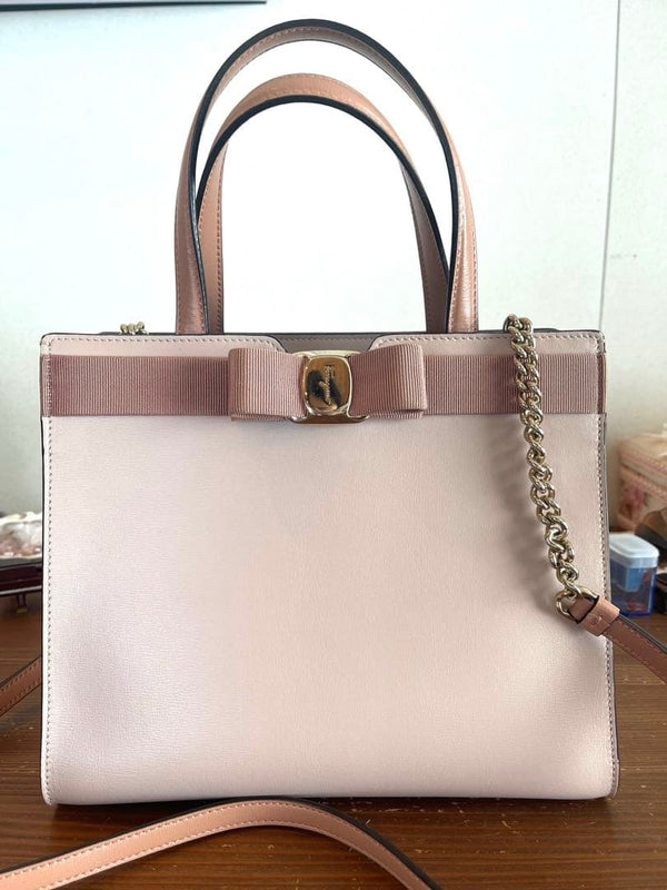 Ferragamo Vara Ribbon Top Handle Shoulder Bag Leather Pink Beige