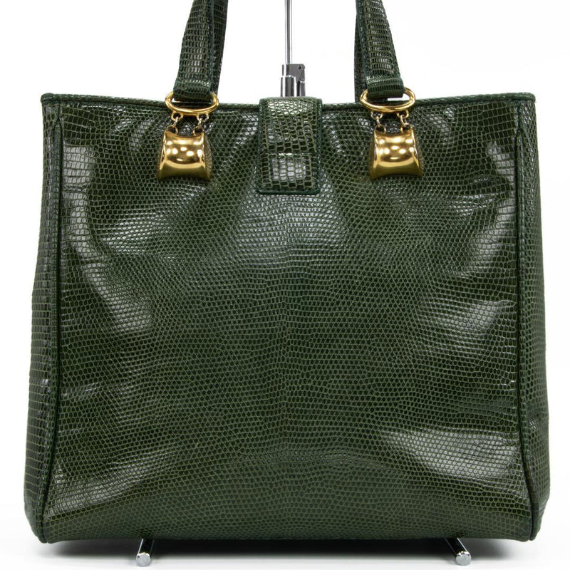 Loewe 2WAY Shoulder Bag Lizard Leather Green Gold Hardware Handbag