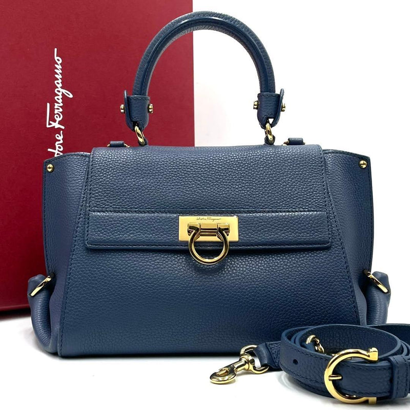 Salvatore Ferragamo Sofia Gancini 2-Way Handbag Shoulder Bag Blue Leather