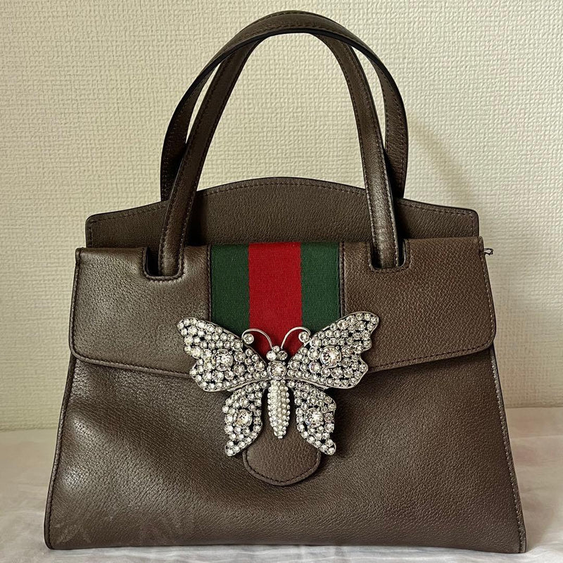 Gucci Totem Sherry Handbag Shoulder Bag Leather Bijou Butterfly Brown