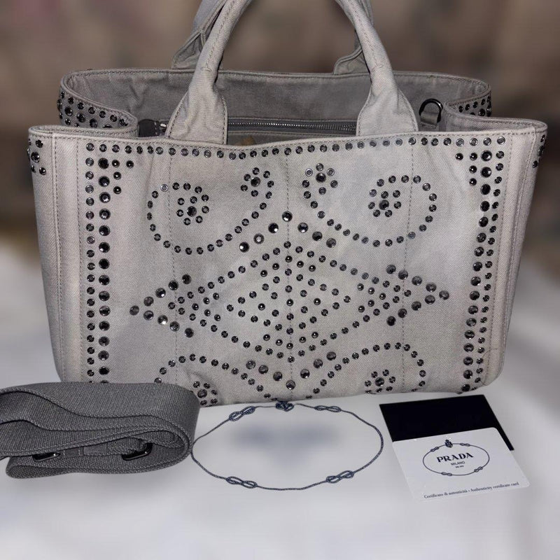 Prada Canapa Studded Handbag Tote Bag Denim Suede Gray