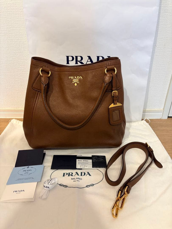 Prada Tote Shoulder Handbag Black Leather