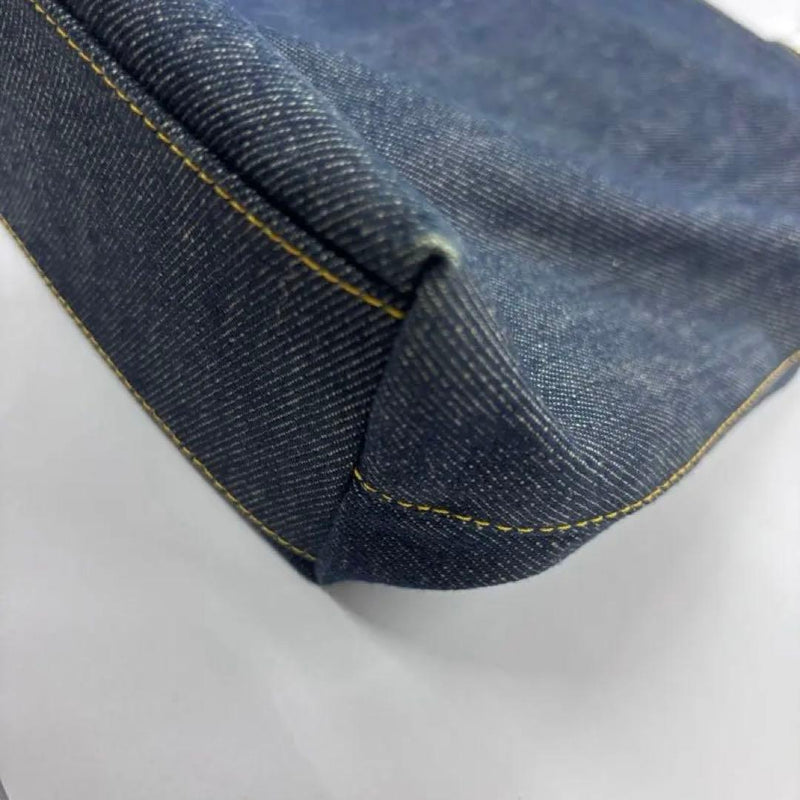 Christian Dior Denim Tote Bag Leather Handles Yellow Stitching