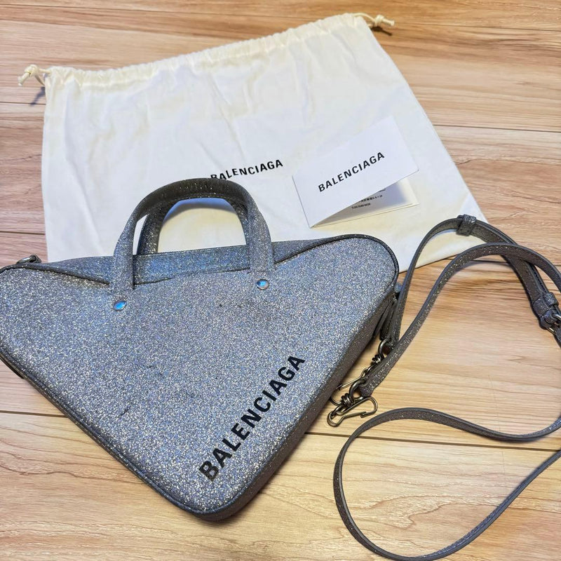 Balenciaga Triangle Duffle Xs 2WAY Shoulder Handbag Glitter Canvas Silver