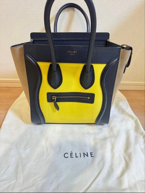 Celine Luggage Micro Shopper 167793 Handbag Leather Suede Navy Beige Yellow