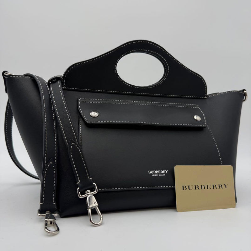 Burberry Soft Pocket 2-Way Shoulder Bag Handbag Black Leather Silver Hardware